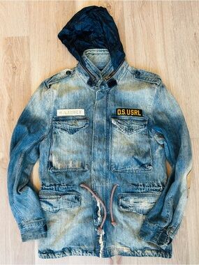 Denim & Supply Ralph Lauren Oversized Distressed Denim Military Jacket w/ hood